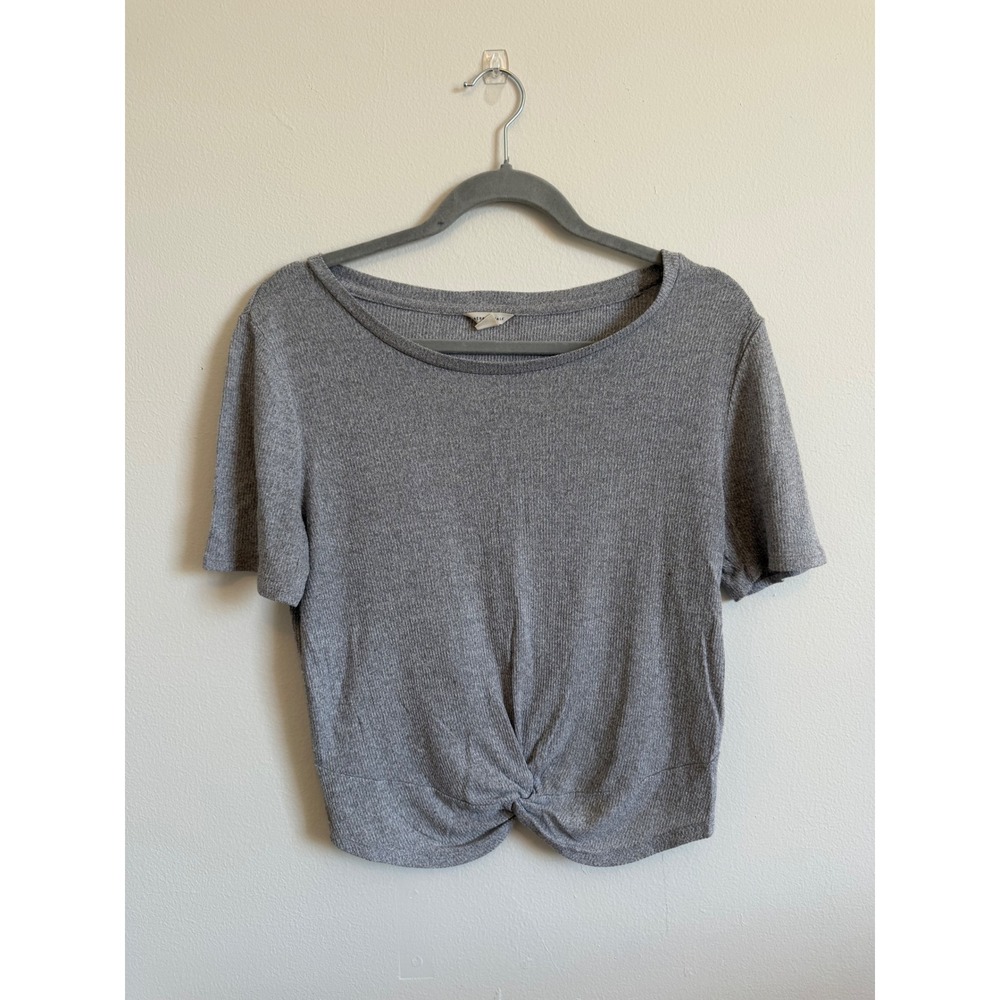 Aeropostale Womens Medium Grey Ribbed Knit Front Knot Crop Top Short Sleeve